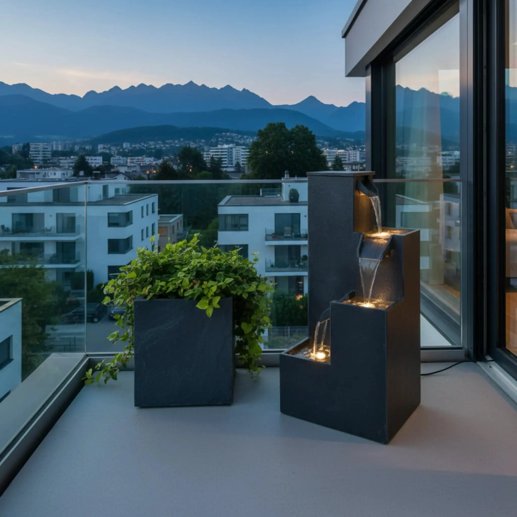 KUBO – Design Stufenbrunnen Schwarz aus Naturschiefer mit Wasserfall und LED-Beleuchtung 35 x 35 x 72 cm 36 kg - Image 24