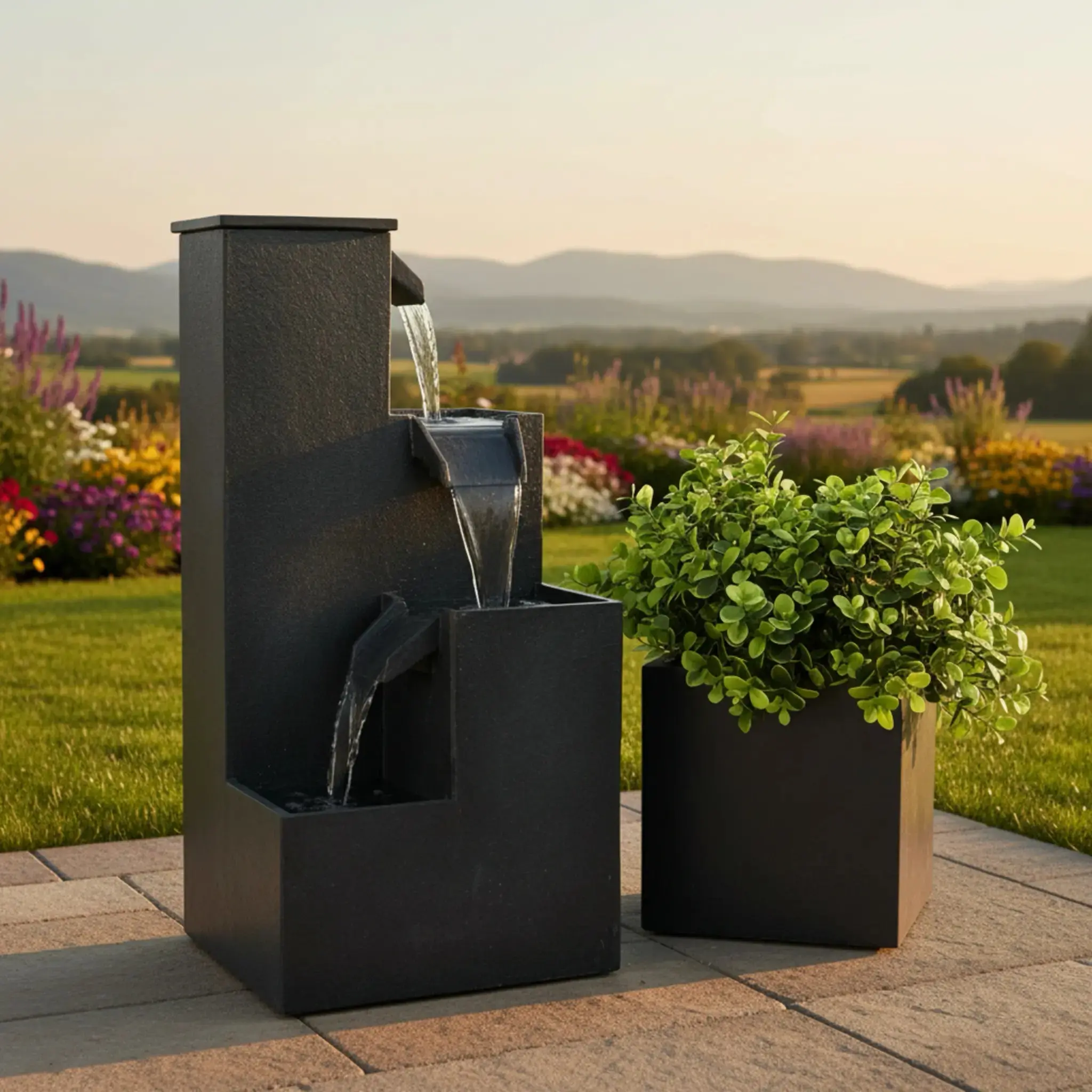 KUBO – Design Stufenbrunnen Schwarz aus Naturschiefer mit Wasserfall und LED-Beleuchtung 35 x 35 x 72 cm 36 kg - Image 28