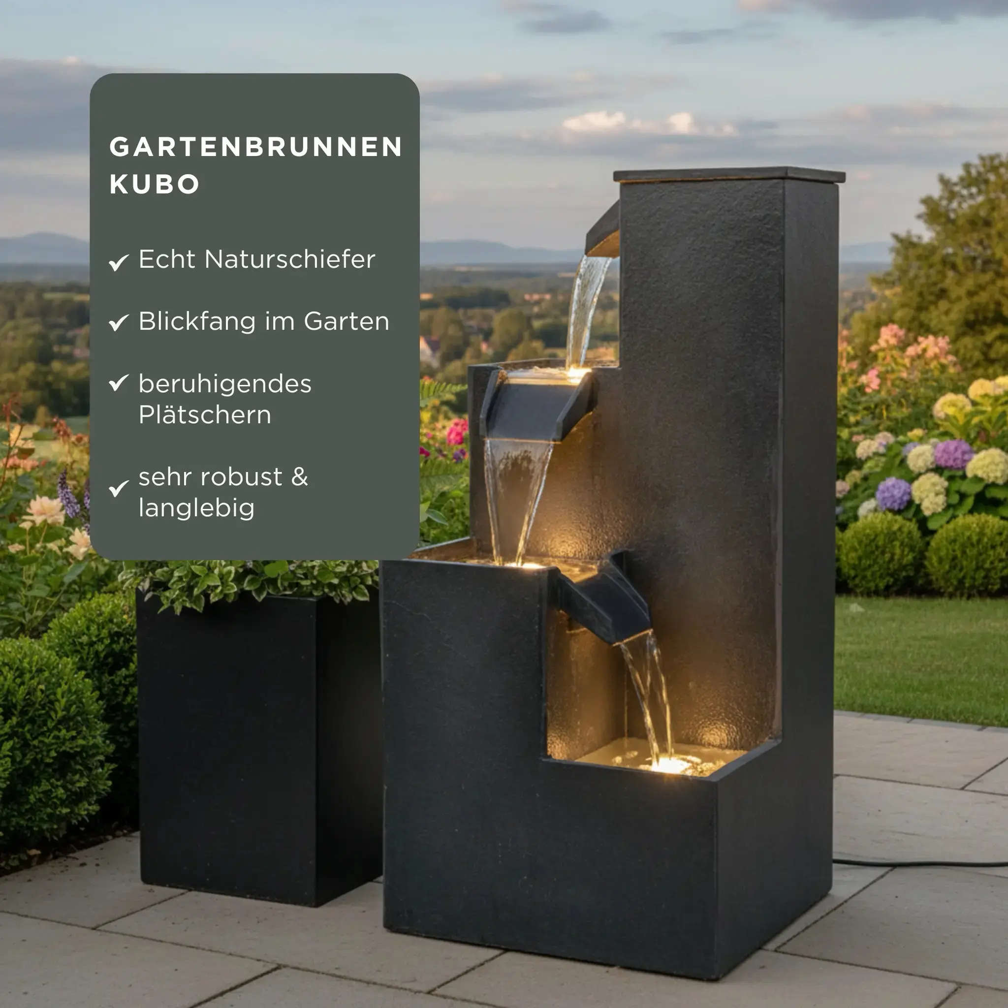 KUBO – Design Stufenbrunnen Schwarz aus Naturschiefer mit Wasserfall und LED-Beleuchtung 35 x 35 x 72 cm 36 kg - Image 4