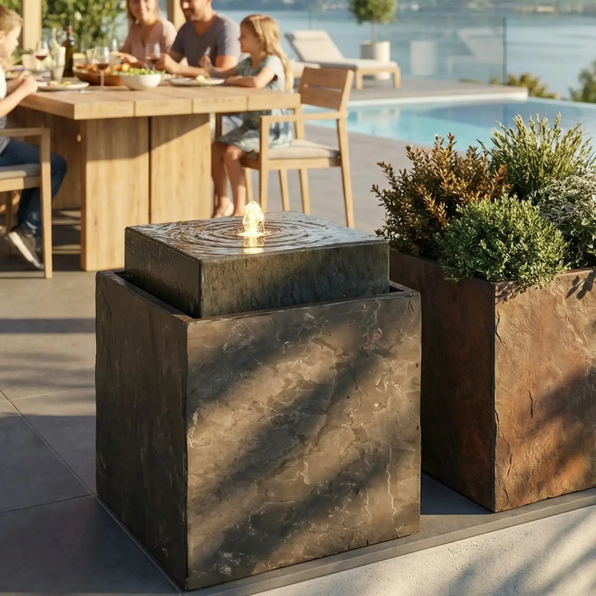 VIDA 40 Rusty – Springbrunnen edel eckig Naturschiefer Braun, Vogeltränke, stimmungsvolle LED, 38 x 38 x 48 cm, 36 kg - Image 24