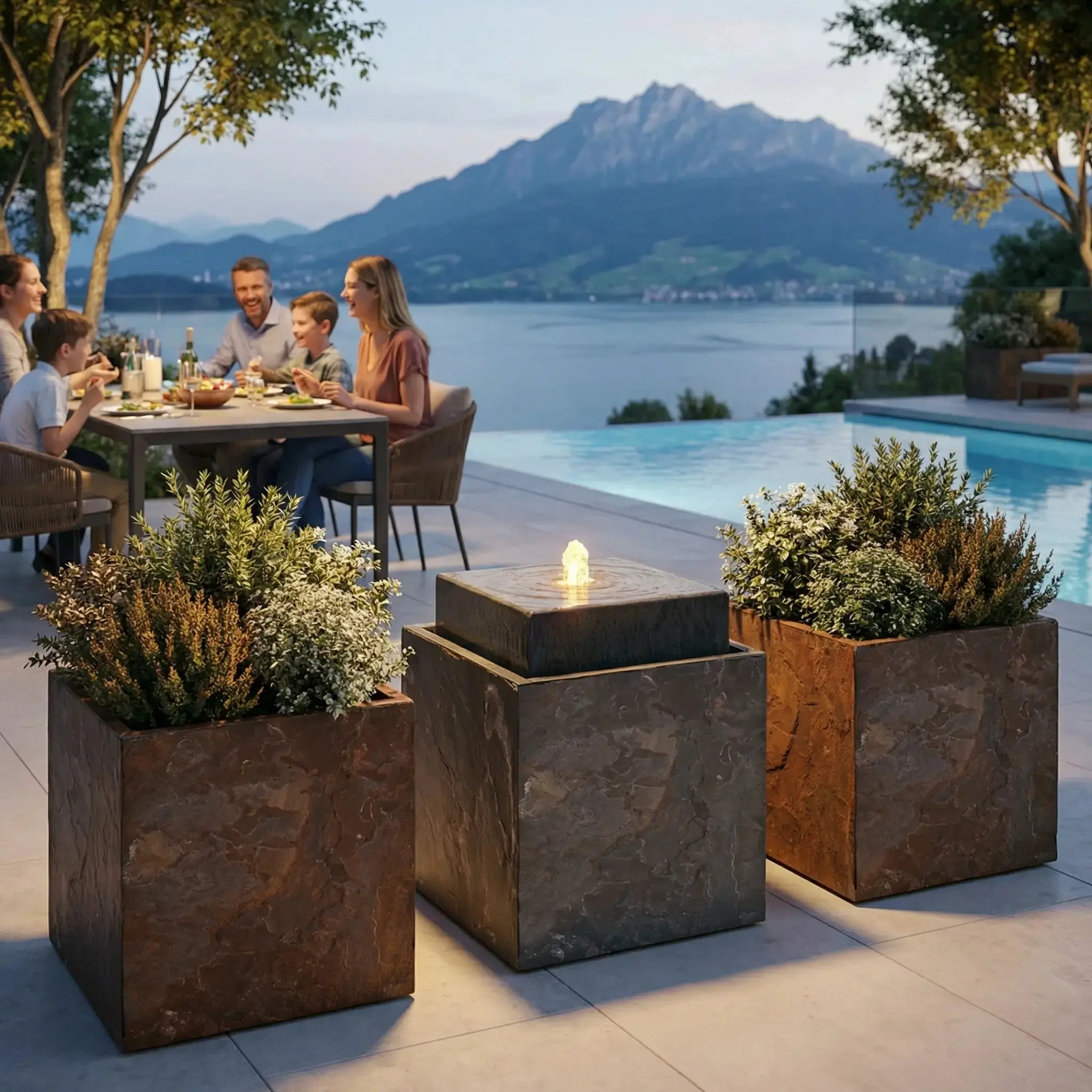 VIDA 40 Rusty – Springbrunnen edel eckig Naturschiefer Braun, Vogeltränke, stimmungsvolle LED, 38 x 38 x 48 cm, 36 kg - Image 26