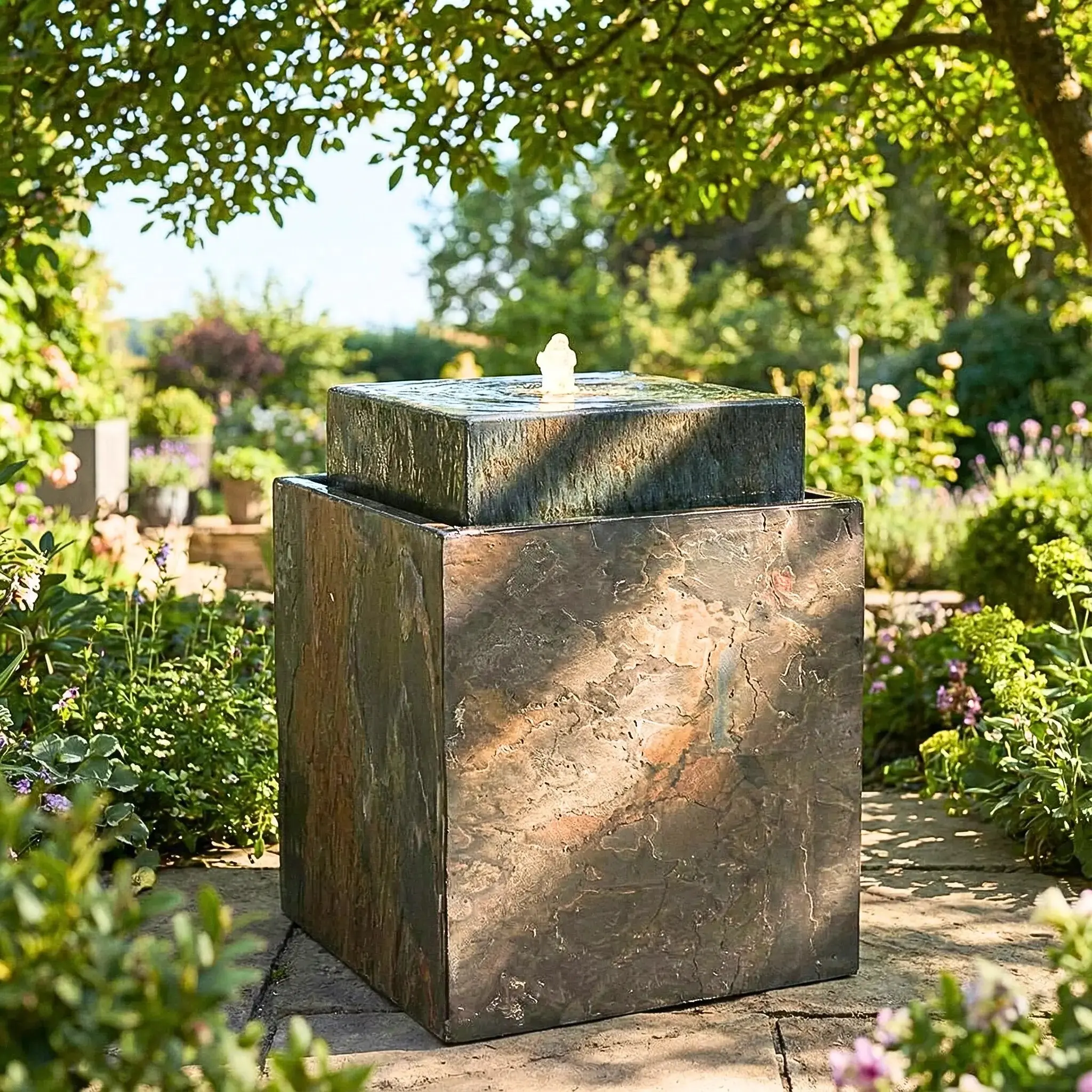 VIDA 40 Rusty – Springbrunnen edel eckig Naturschiefer Braun, Vogeltränke, stimmungsvolle LED, 38 x 38 x 48 cm, 36 kg - Image 5