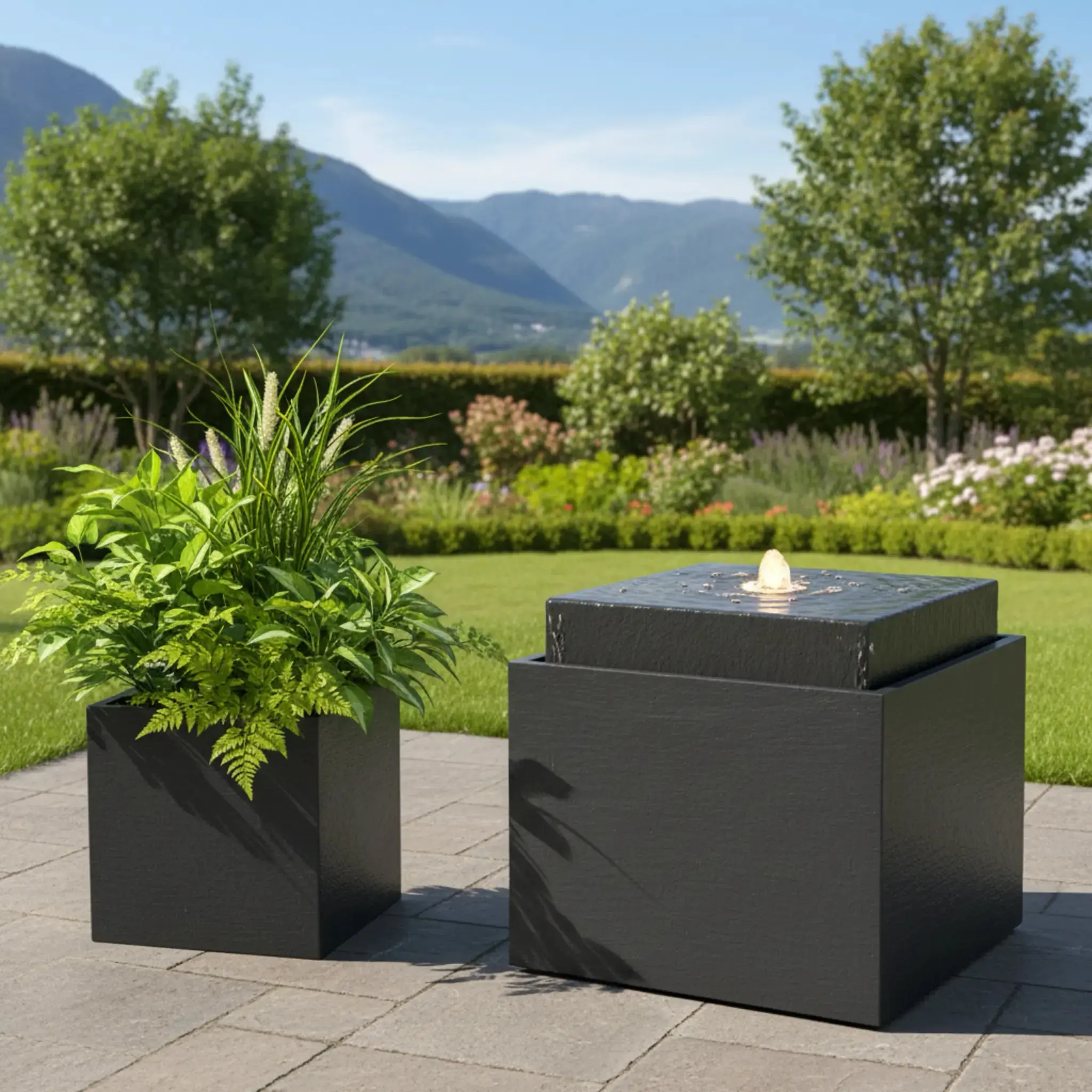 VIDA 60 Anthrazit – Gartenbrunnen modern Naturschiefer Schwarz, Vogeltränke, beleuchteter Wassersprudel, 57 x 57 x 50 cm, 60 kg - Image 10