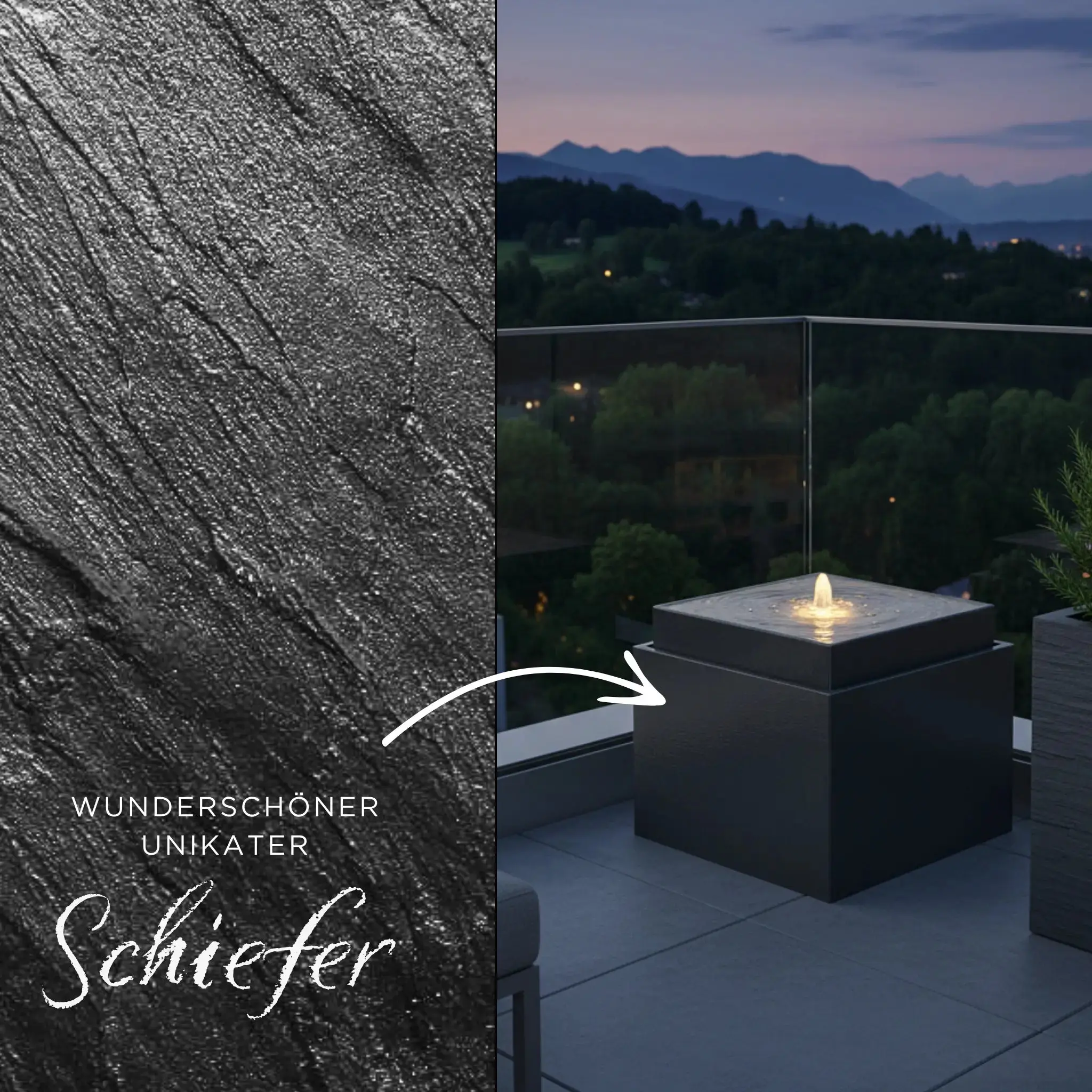 VIDA 60 Anthrazit – Gartenbrunnen modern Naturschiefer Schwarz, Vogeltränke, beleuchteter Wassersprudel, 57 x 57 x 50 cm, 60 kg - Image 15