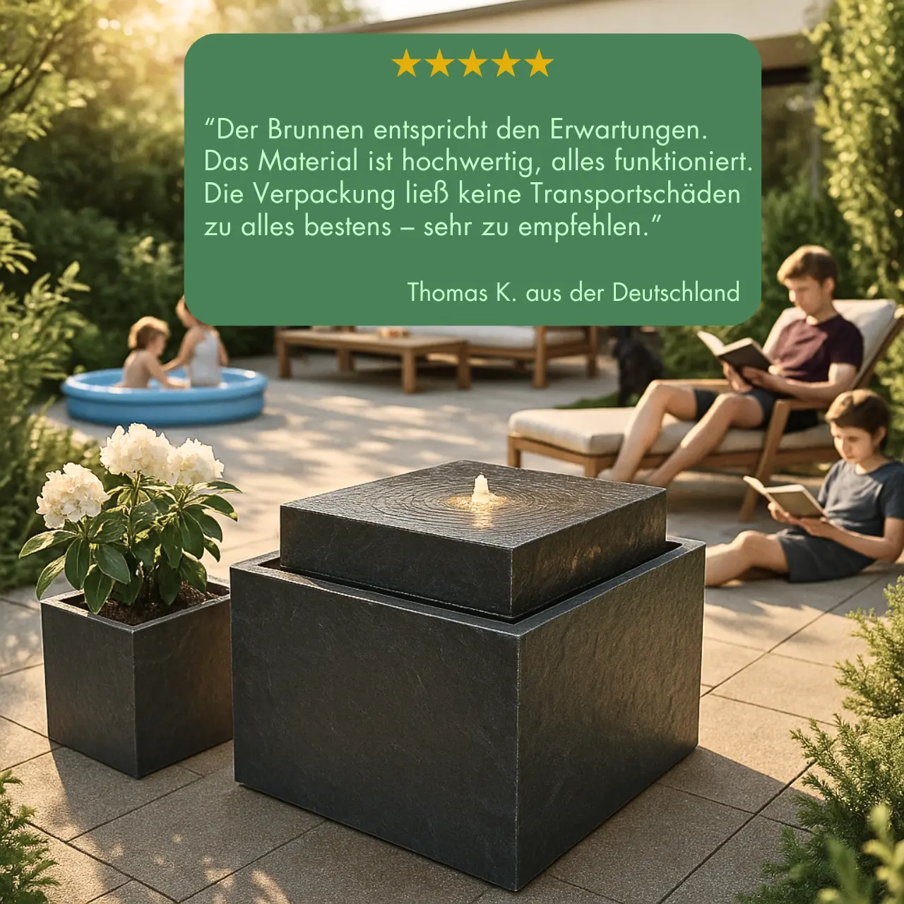 VIDA 60 Anthrazit – Gartenbrunnen modern Naturschiefer Schwarz, Vogeltränke, beleuchteter Wassersprudel, 57 x 57 x 50 cm, 60 kg - Image 3