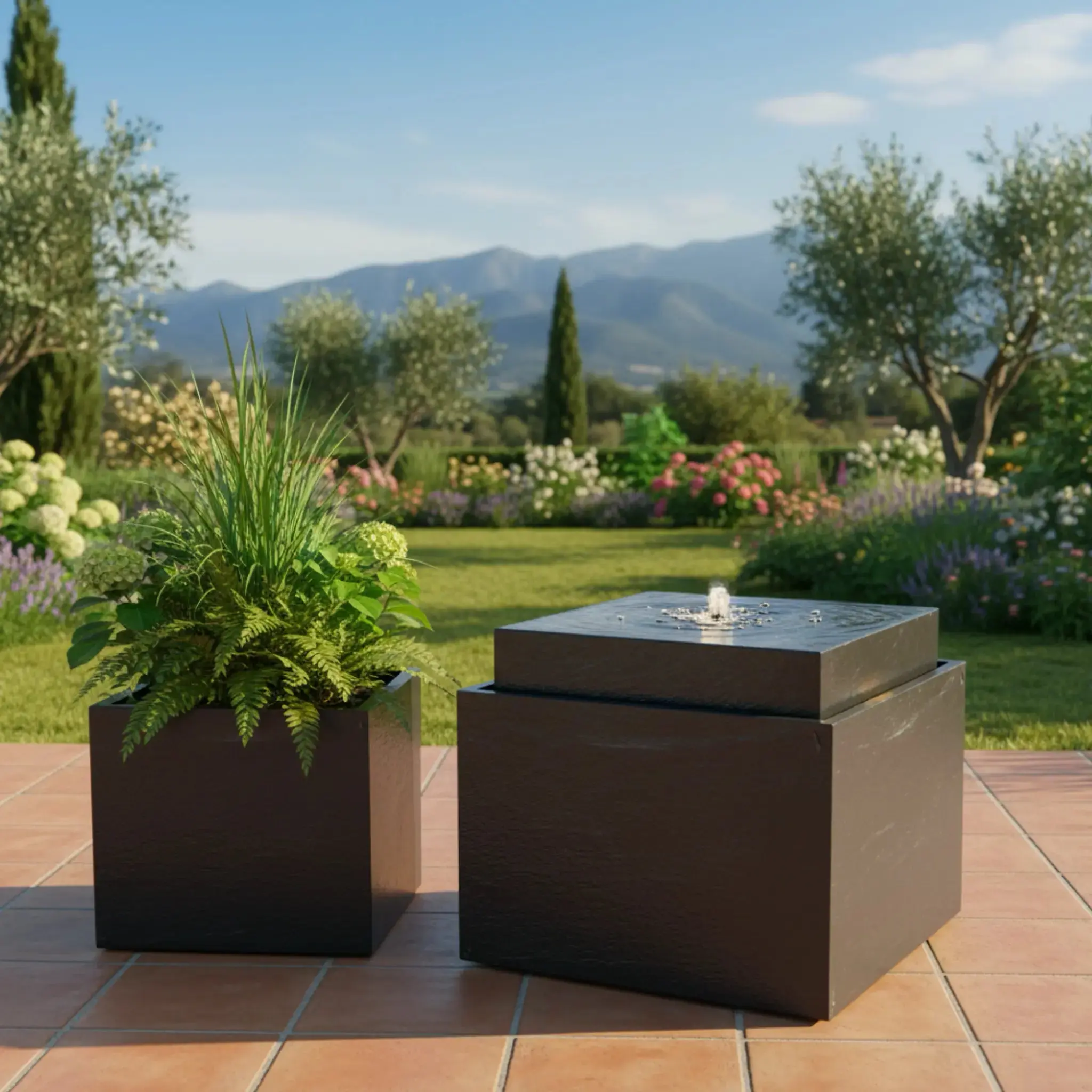VIDA 60 Anthrazit – Gartenbrunnen modern Naturschiefer Schwarz, Vogeltränke, beleuchteter Wassersprudel, 57 x 57 x 50 cm, 60 kg - Image 4