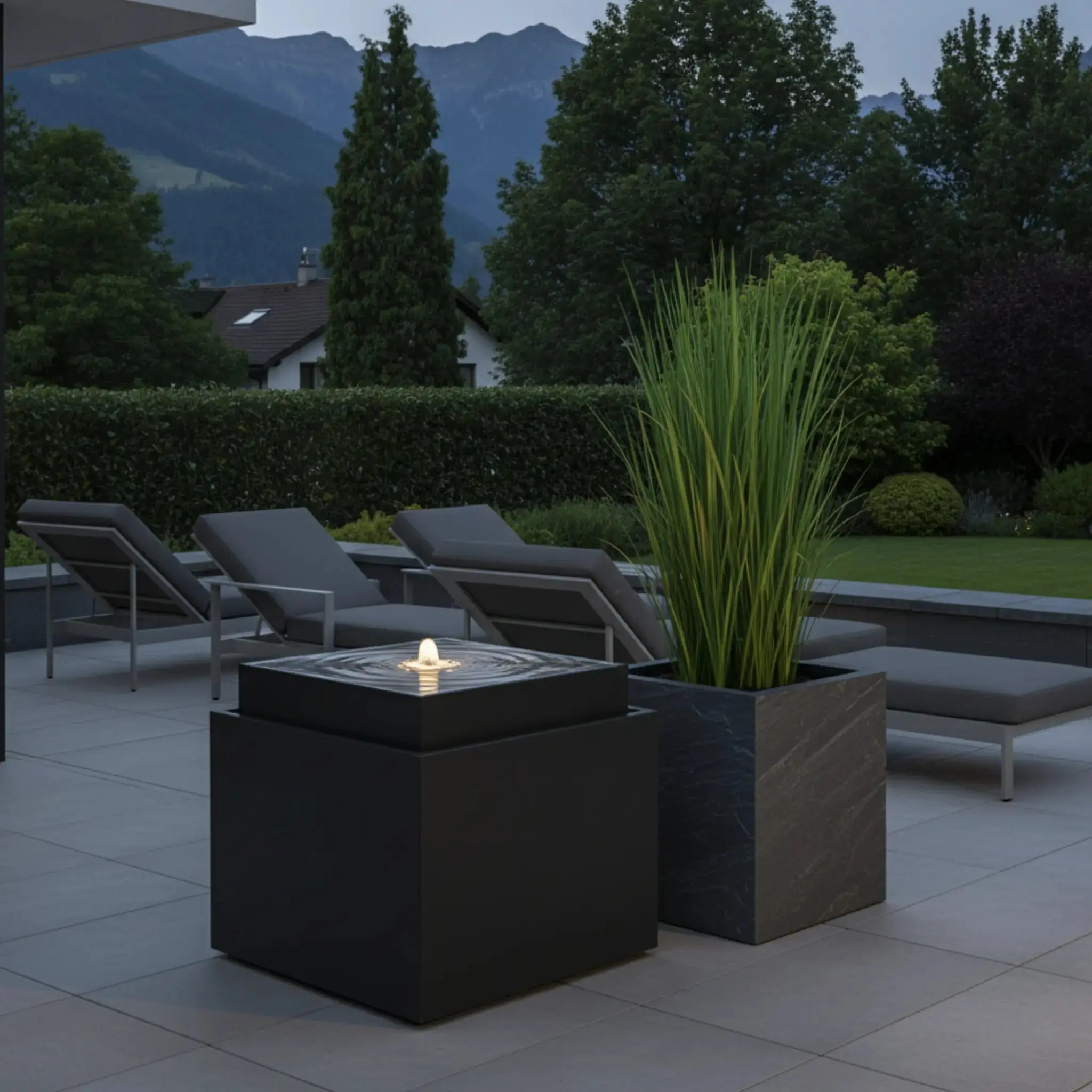 VIDA 60 Anthrazit – Gartenbrunnen modern Naturschiefer Schwarz, Vogeltränke, beleuchteter Wassersprudel, 57 x 57 x 50 cm, 60 kg - Image 40