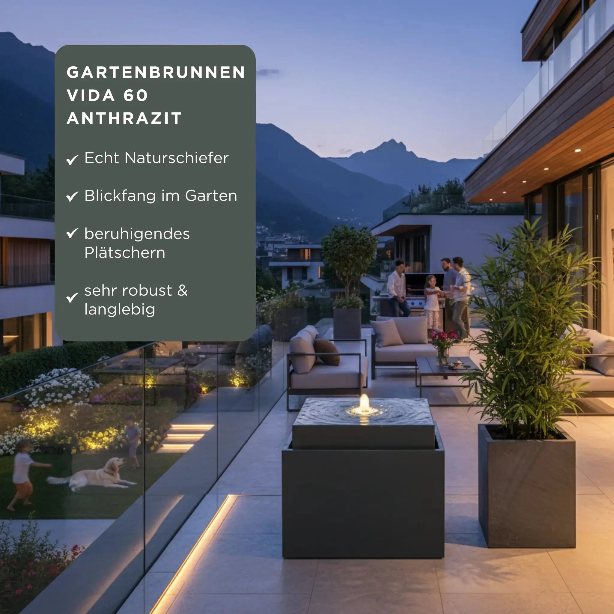 VIDA 60 Anthrazit – Gartenbrunnen modern Naturschiefer Schwarz, Vogeltränke, beleuchteter Wassersprudel, 57 x 57 x 50 cm, 60 kg - Image 6