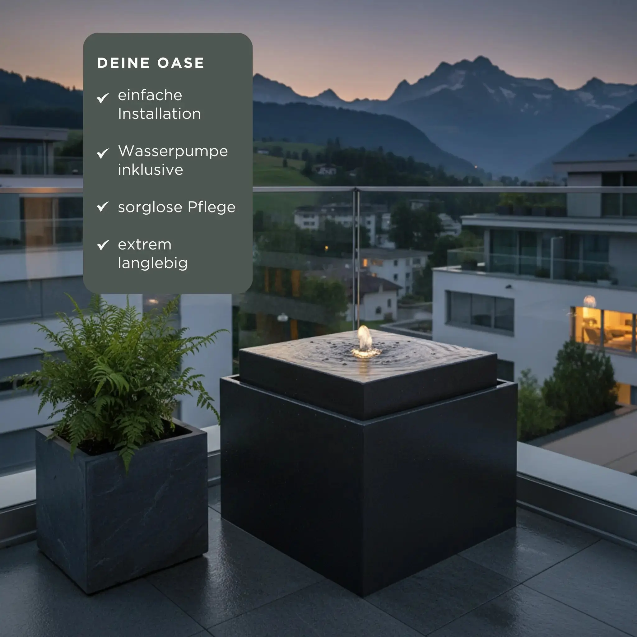 VIDA 60 Anthrazit – Gartenbrunnen modern Naturschiefer Schwarz, Vogeltränke, beleuchteter Wassersprudel, 57 x 57 x 50 cm, 60 kg - Image 7