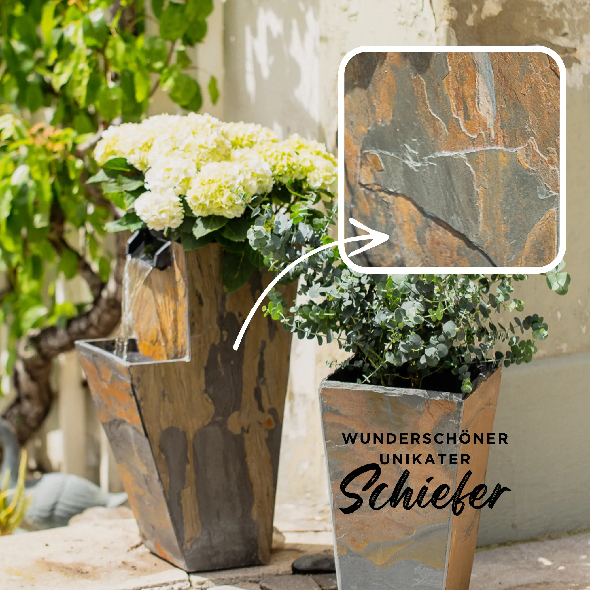ZOE 20 Rusty – Gartenbrunnen mit Pflanzgefäss Wasserfall aus Naturschiefer Braun mit LED-Beleuchtung 28 x 21 x 53 cm 14 kg - Image 6