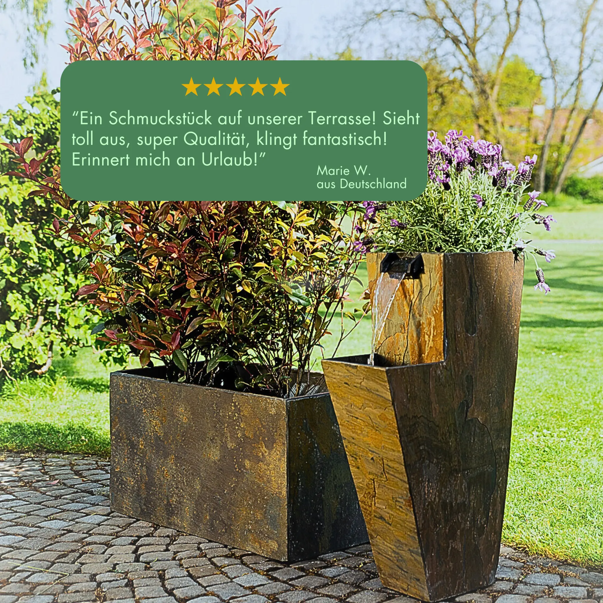 ZOE 30 – Wasserfallbrunnen mit Pflanzgefäss aus Naturschiefer Braun mit LED-Beleuchtung 38 x 26 x 76 cm 25 kg - Image 4