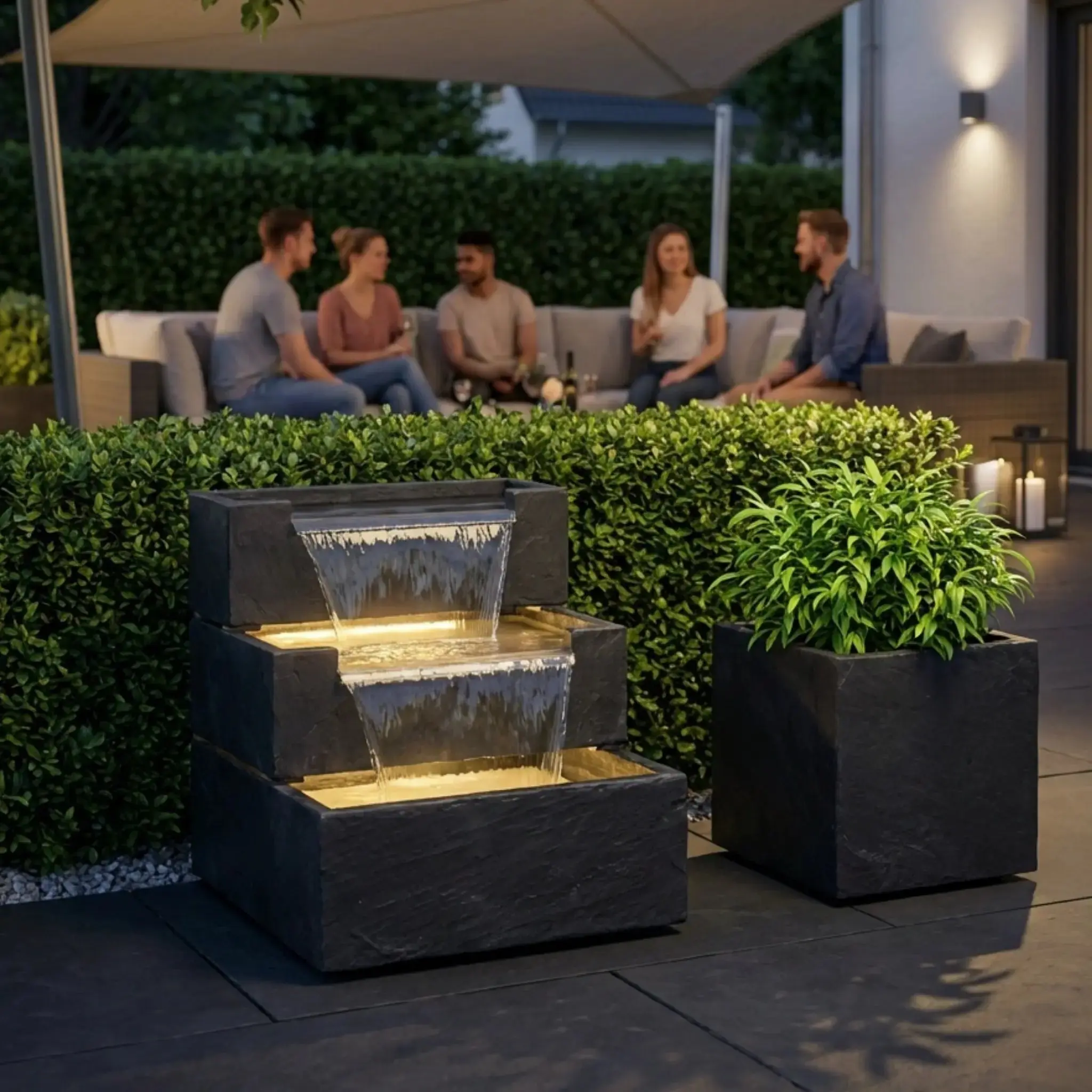 FIJI Falls – Gartenbrunnen mit zweifachem Wasserfall und warmweisser Belechtung - Image 13