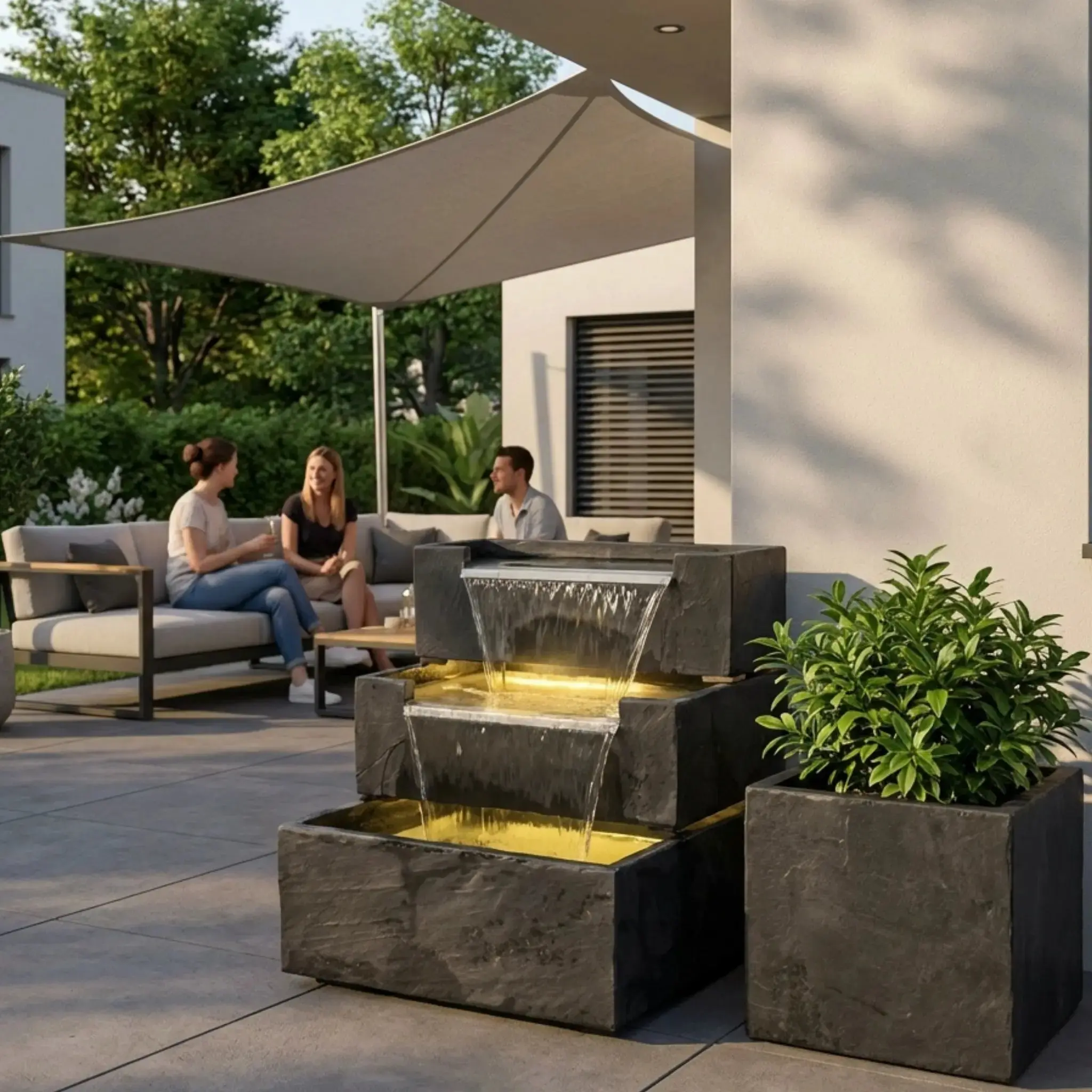 FIJI Falls – Gartenbrunnen mit zweifachem Wasserfall und warmweisser Belechtung - Image 18
