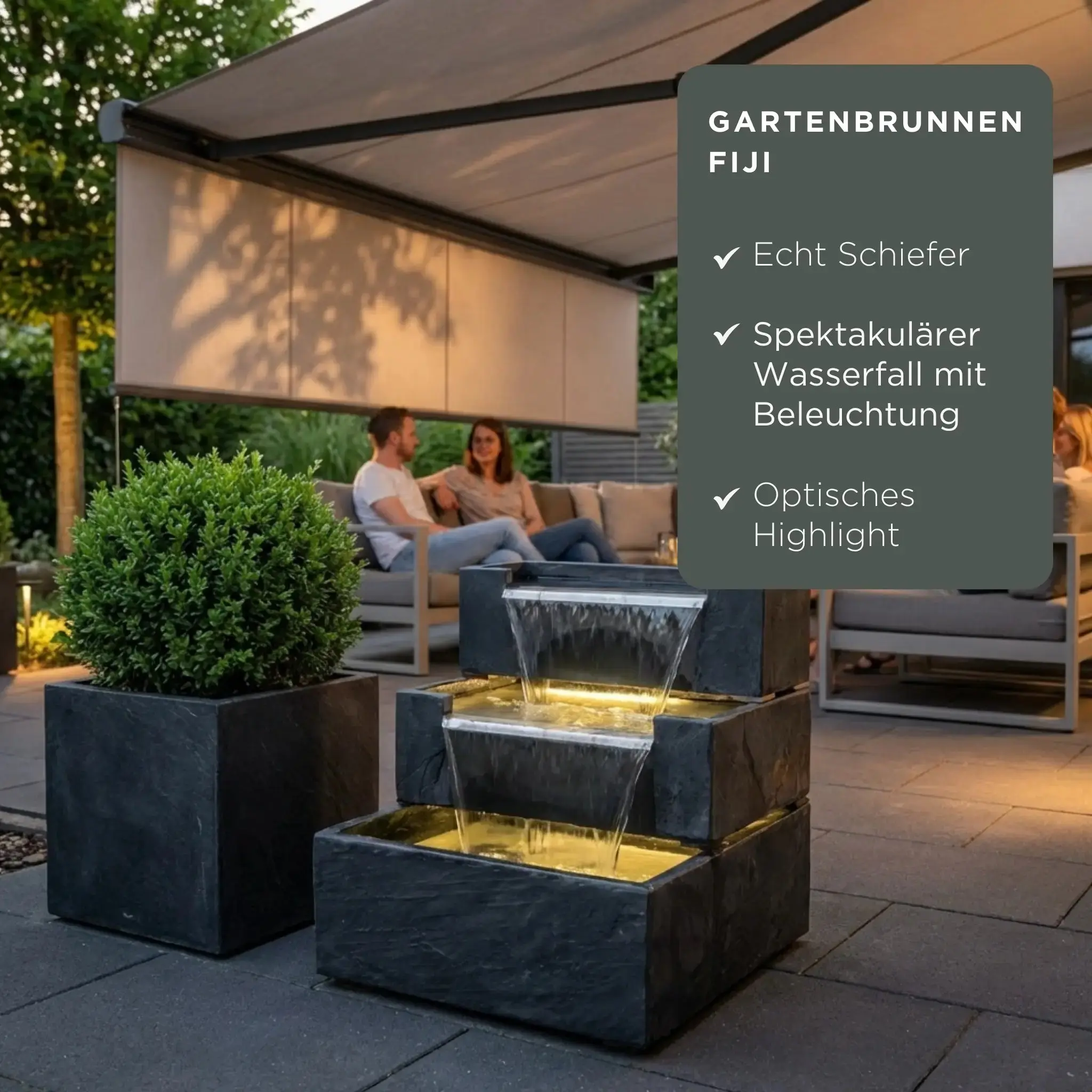 FIJI Falls – Gartenbrunnen mit zweifachem Wasserfall und warmweisser Belechtung - Image 4